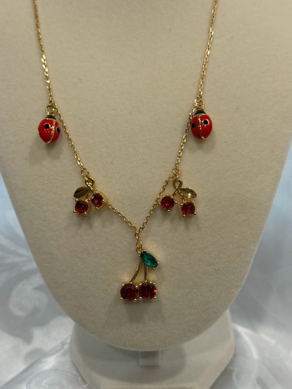 Kate Spade Gold-Tone Red Cherry & Ladybug Pendant Necklace New